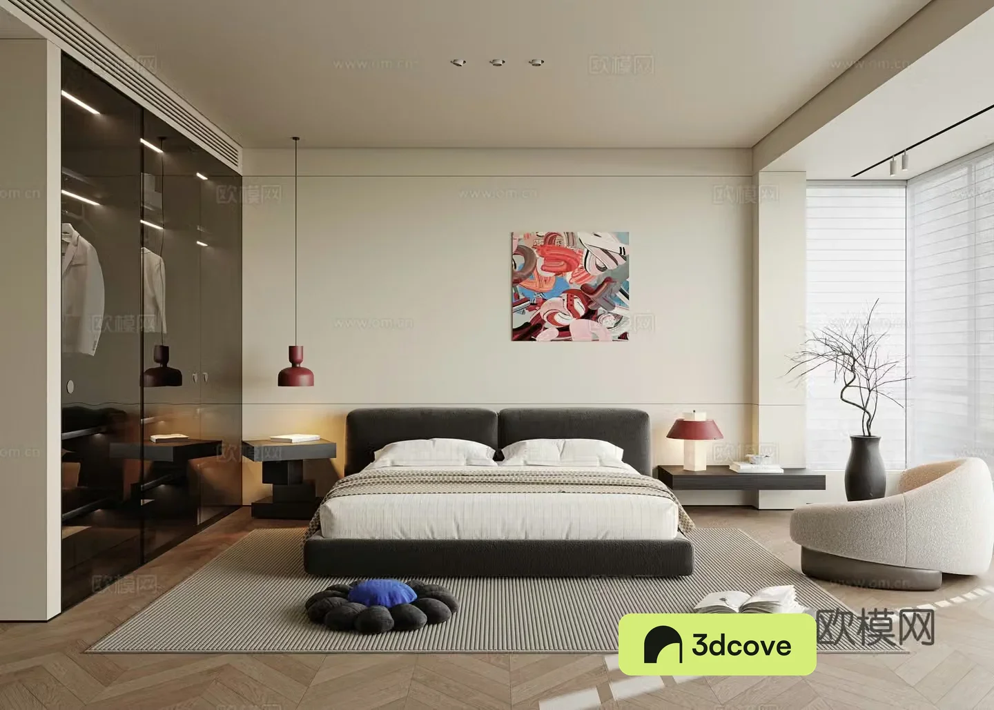 Wasabi Bedroom Master Bedroom No-Primary Bedroom Fabric Double Bed Small Chandeliers Bedside Side 3D Model