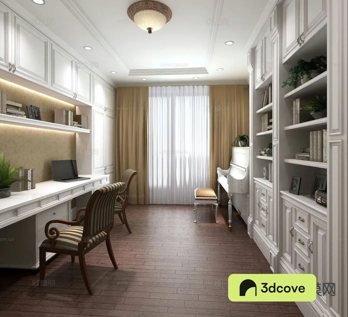 European style double study piano room