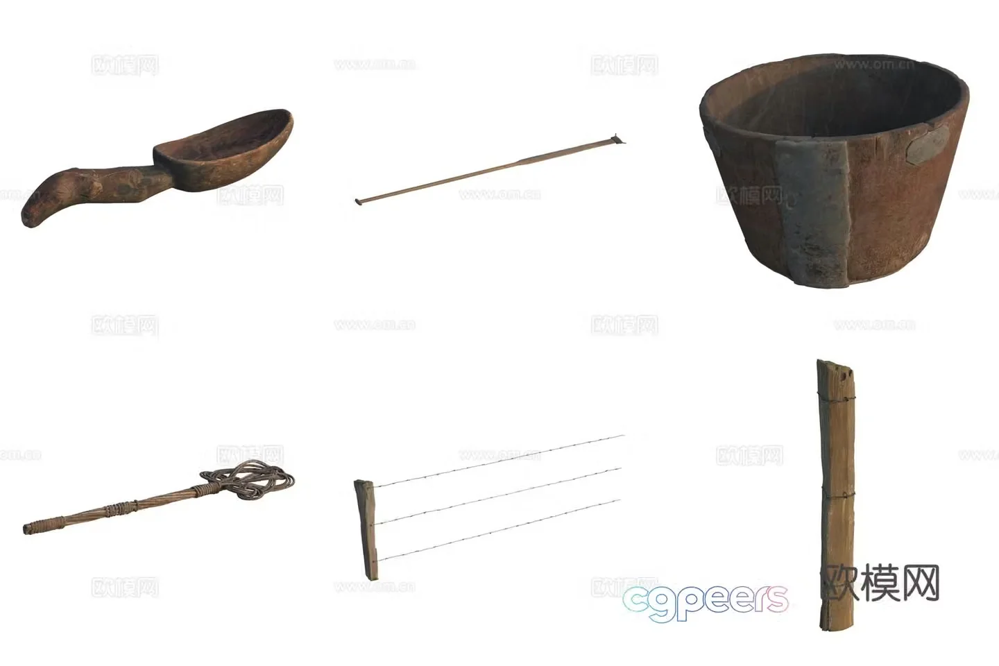 Wood water scoop wooden tub iron wire fence 3d model