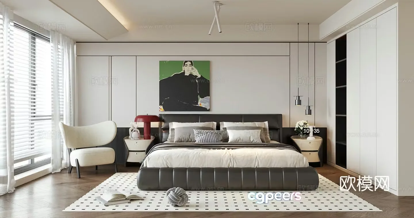 Modern bedroom Double bed Bedside table Bedside chandelier 3d model
