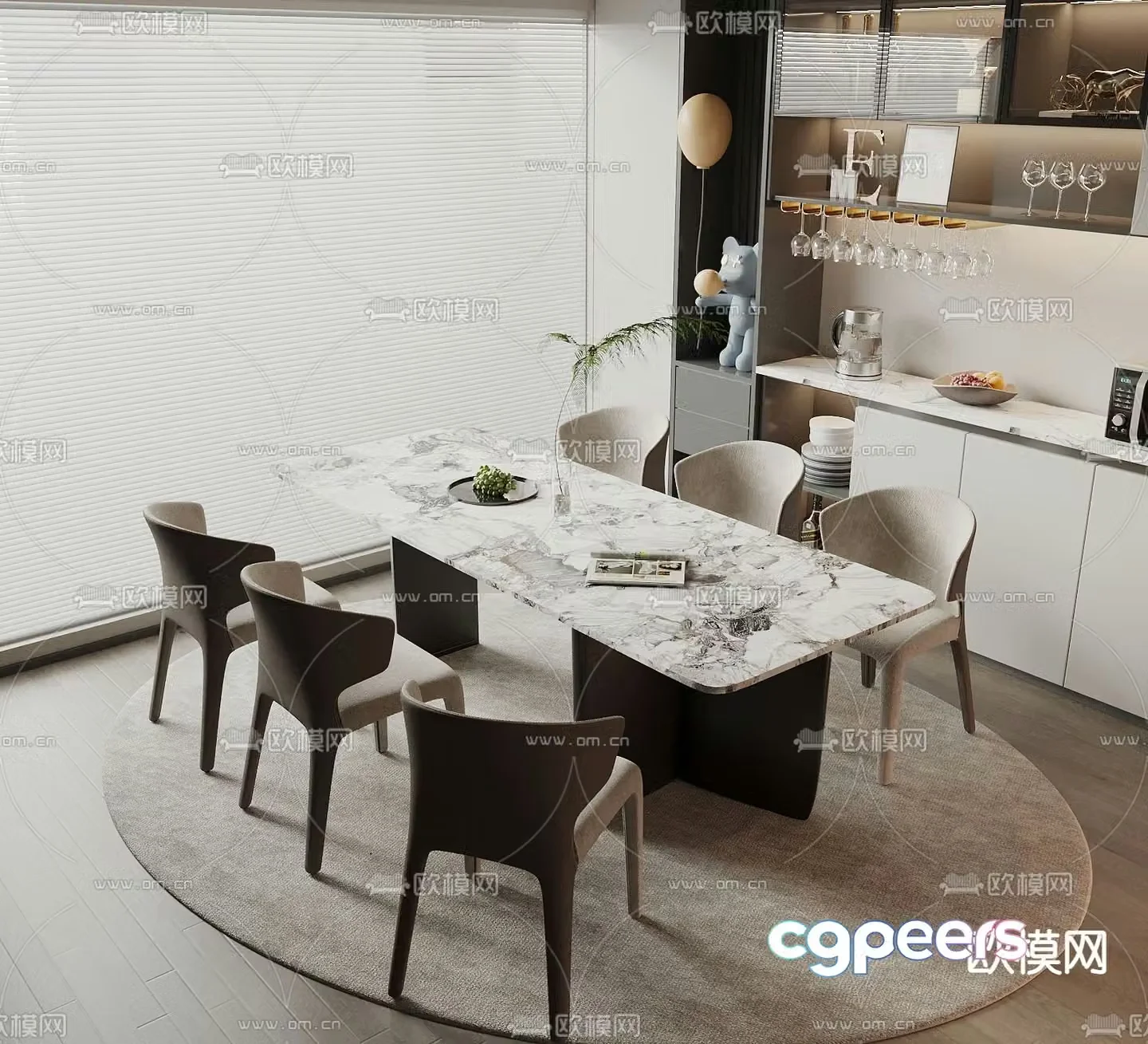 Long dining table and chairs 3d model