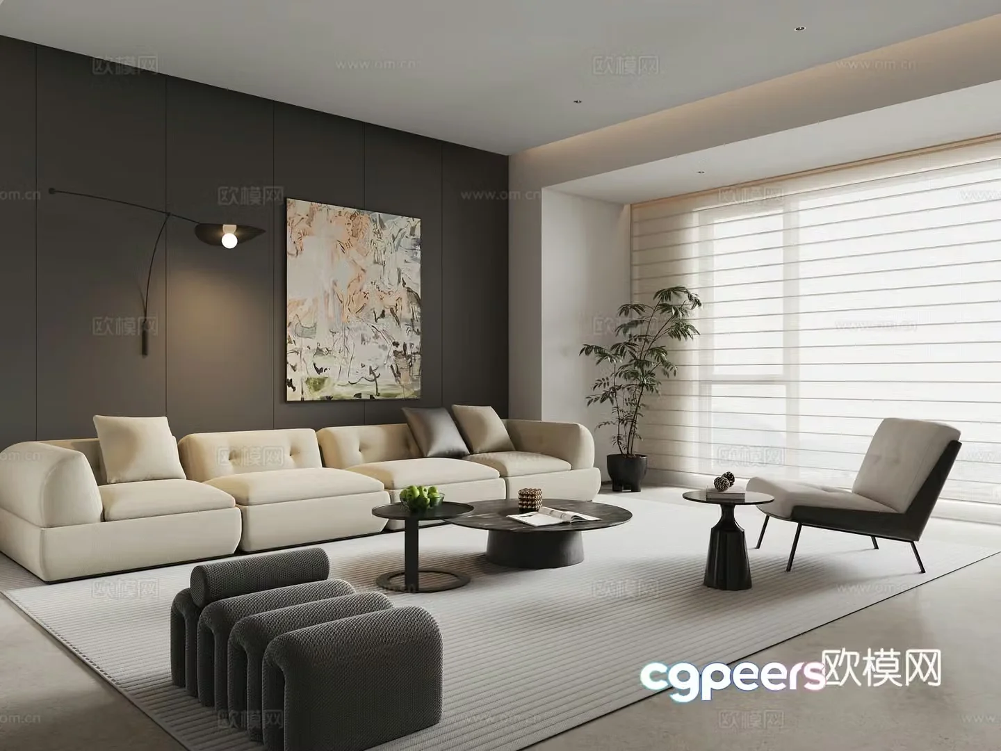 Modern living room sofa coffee table combination leather sofa leisure chair curtains wall lamp decorative painting 3d model