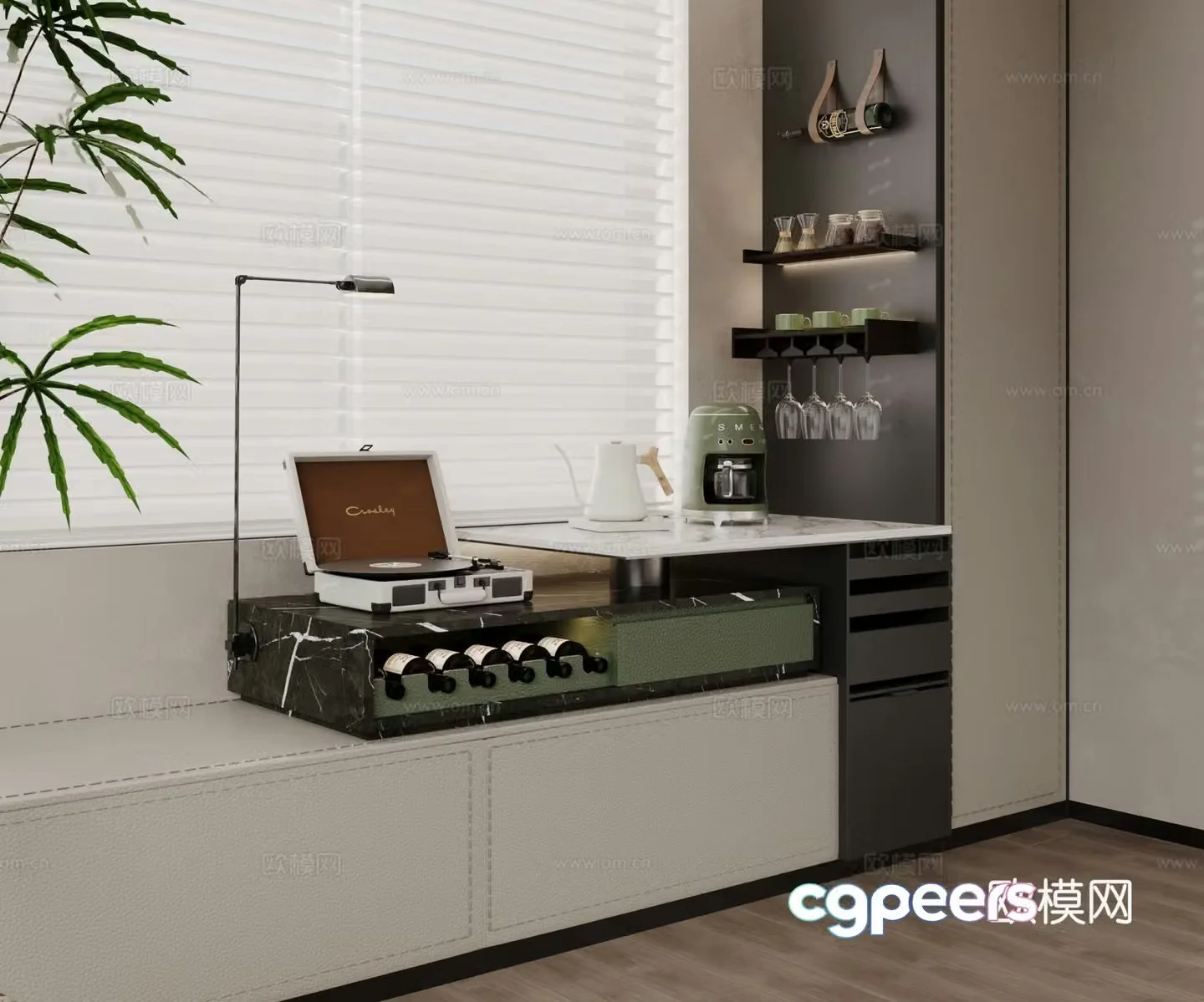 Bathroom window cabinet Bathroom window pad Record machine Wine rack Storage cabinet Coffee machine Coffee cup Reading 3D model
