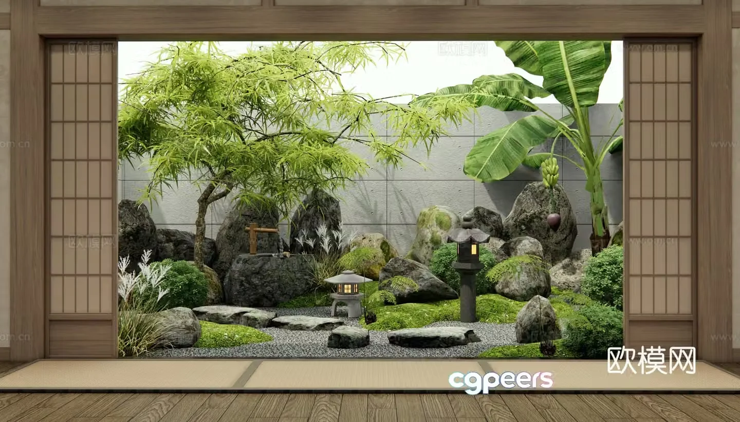 Japanese style dry landscape courtyard landscape stones Tingwalk micro-terrain water bowl waterscape banana tree 3D model