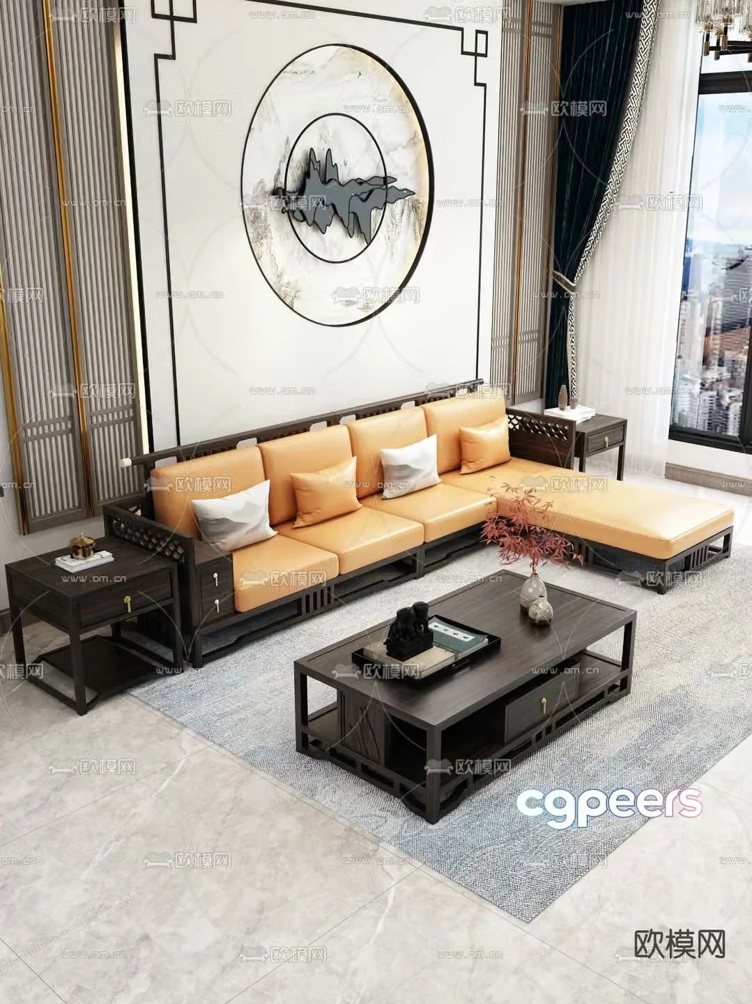 Chinese style modular sofa corner sofa 3d model