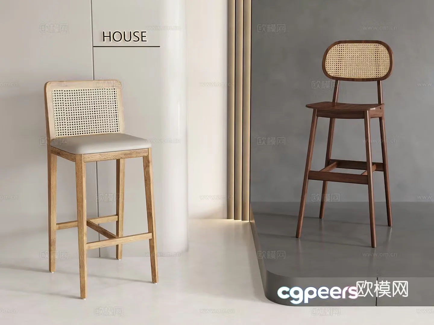 Wabi Sabi Solid Wood Bar Chair Bar Chair Rattan Chair 3D Model