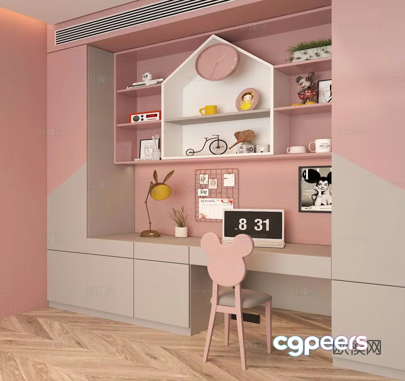 Children’s room girl’s room desk chair cabinet 3d model