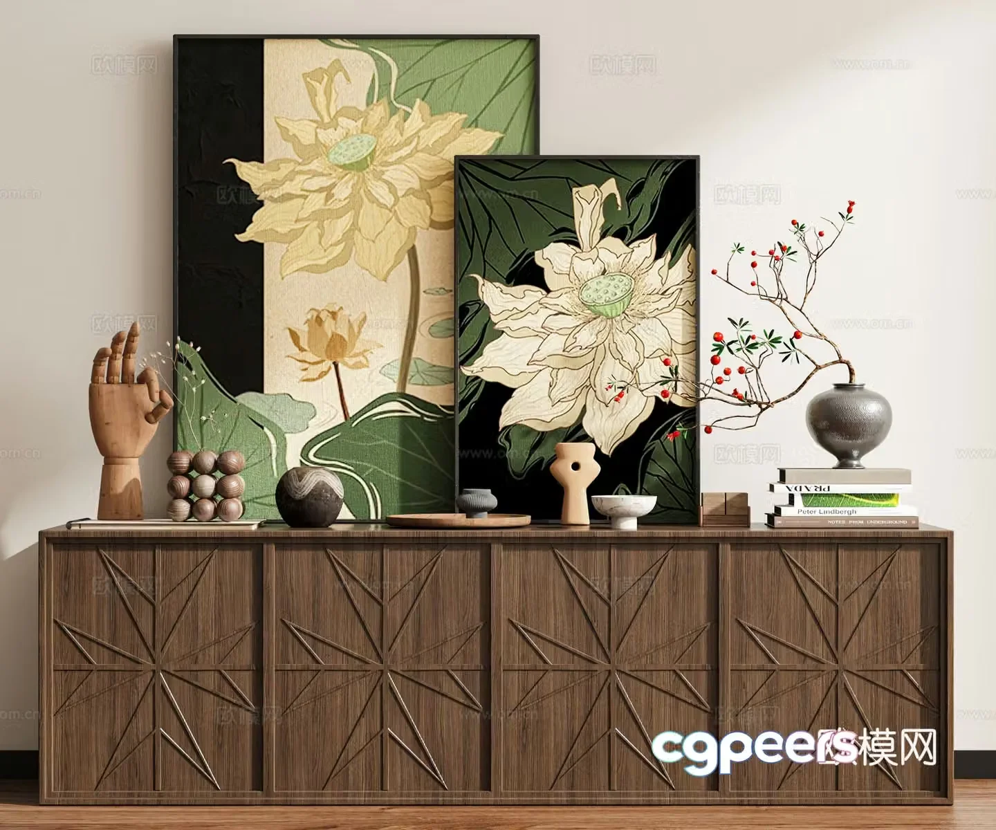 Middle-aged flower painting side cabinet 3D model