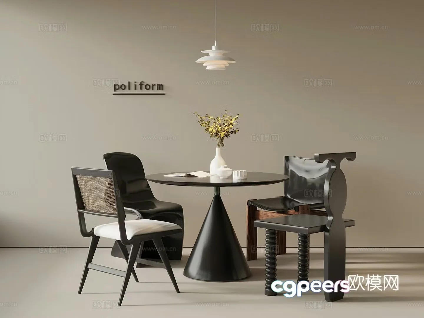French retro dining table and chair 3d model