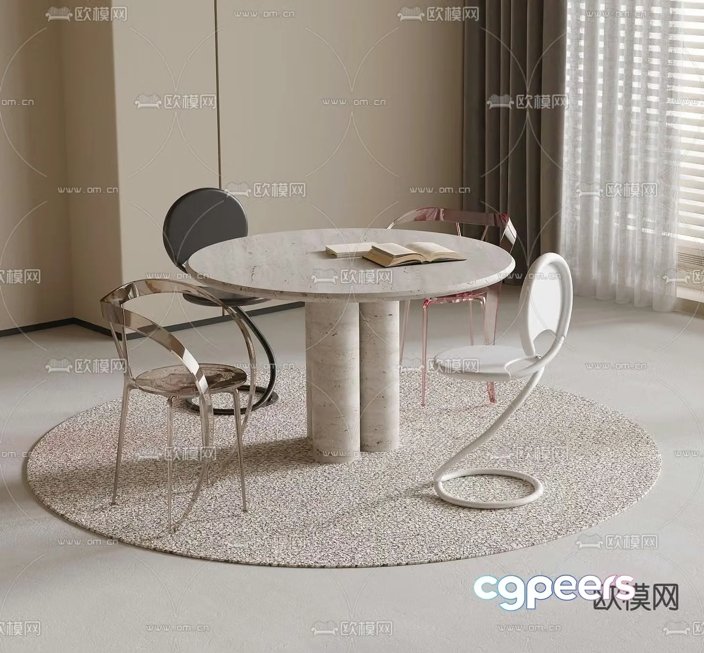 Round dining table and chairs 3d model