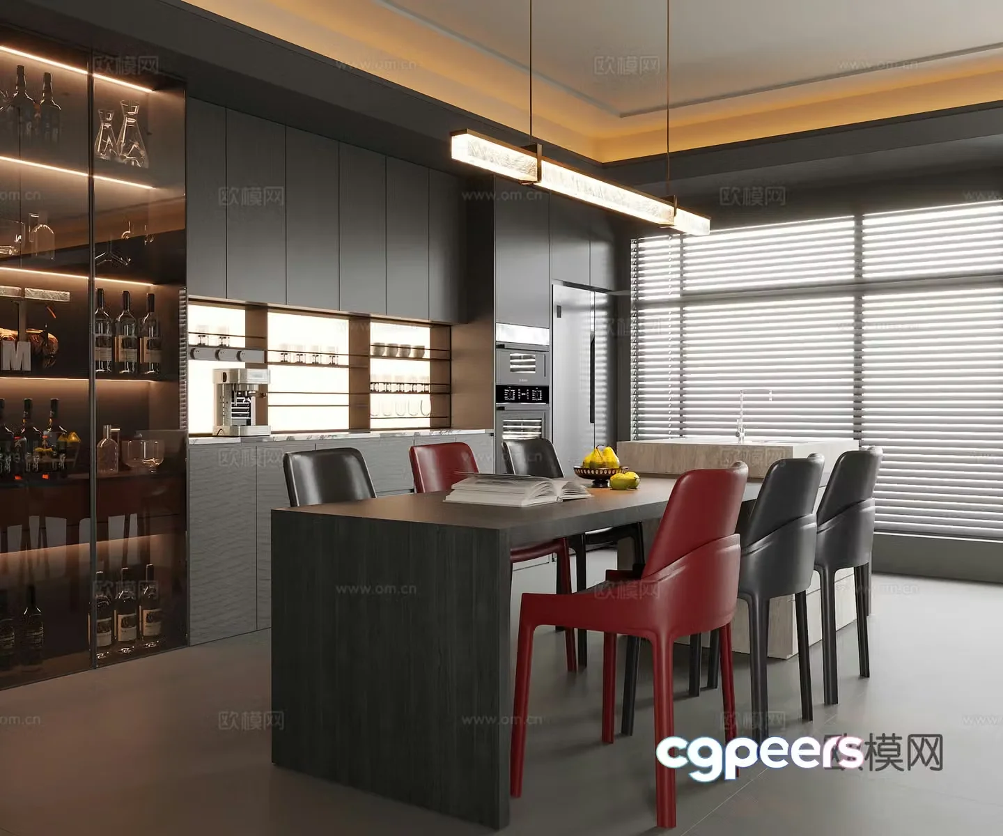 Modern island restaurant sideboard dining table and chair wine cabinet 3d model