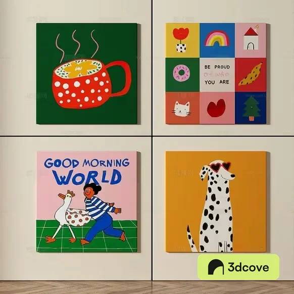 Four Colorful Paintings Of Various Subjects