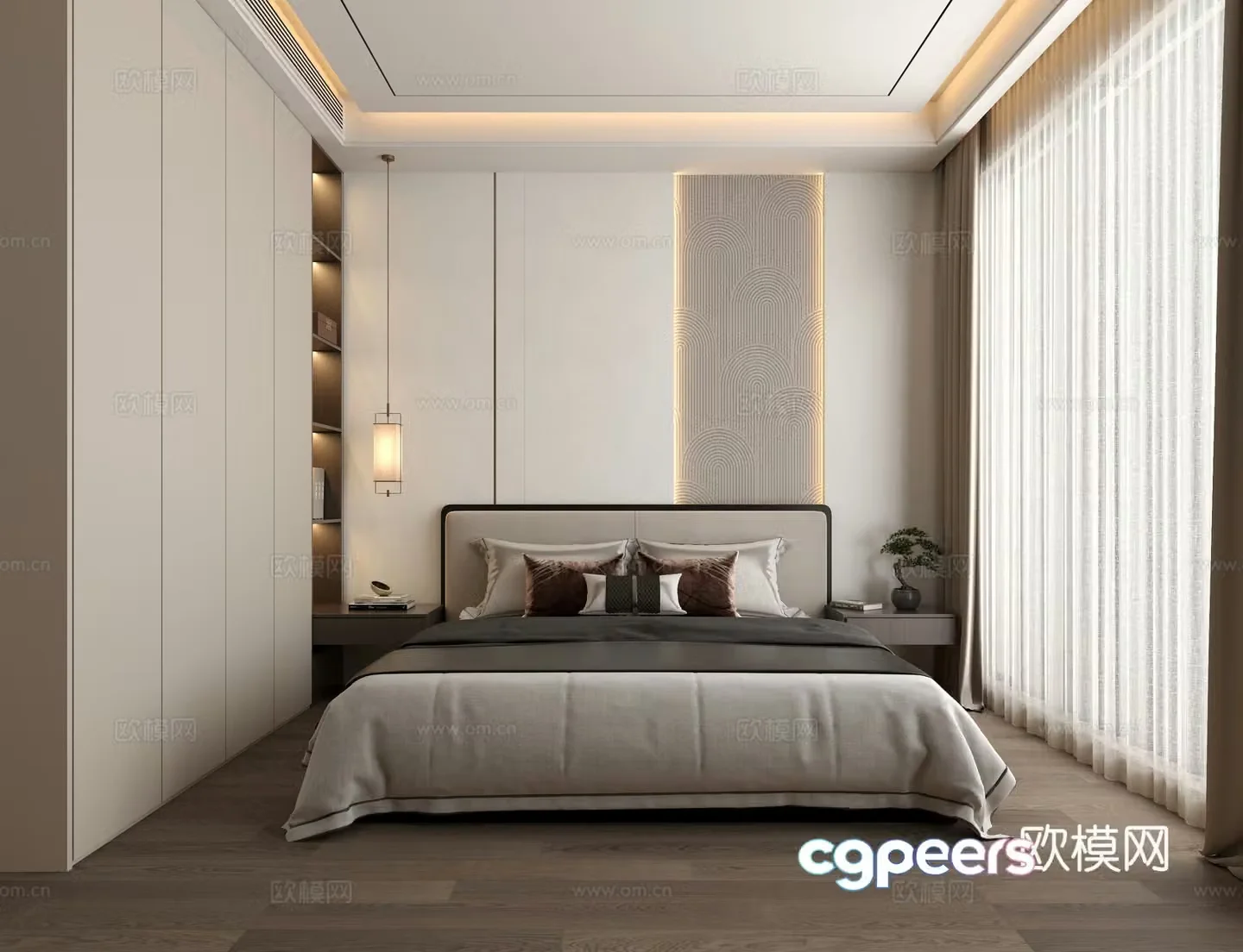 New Chinese style master bedroom bedroom bedside background 3d model