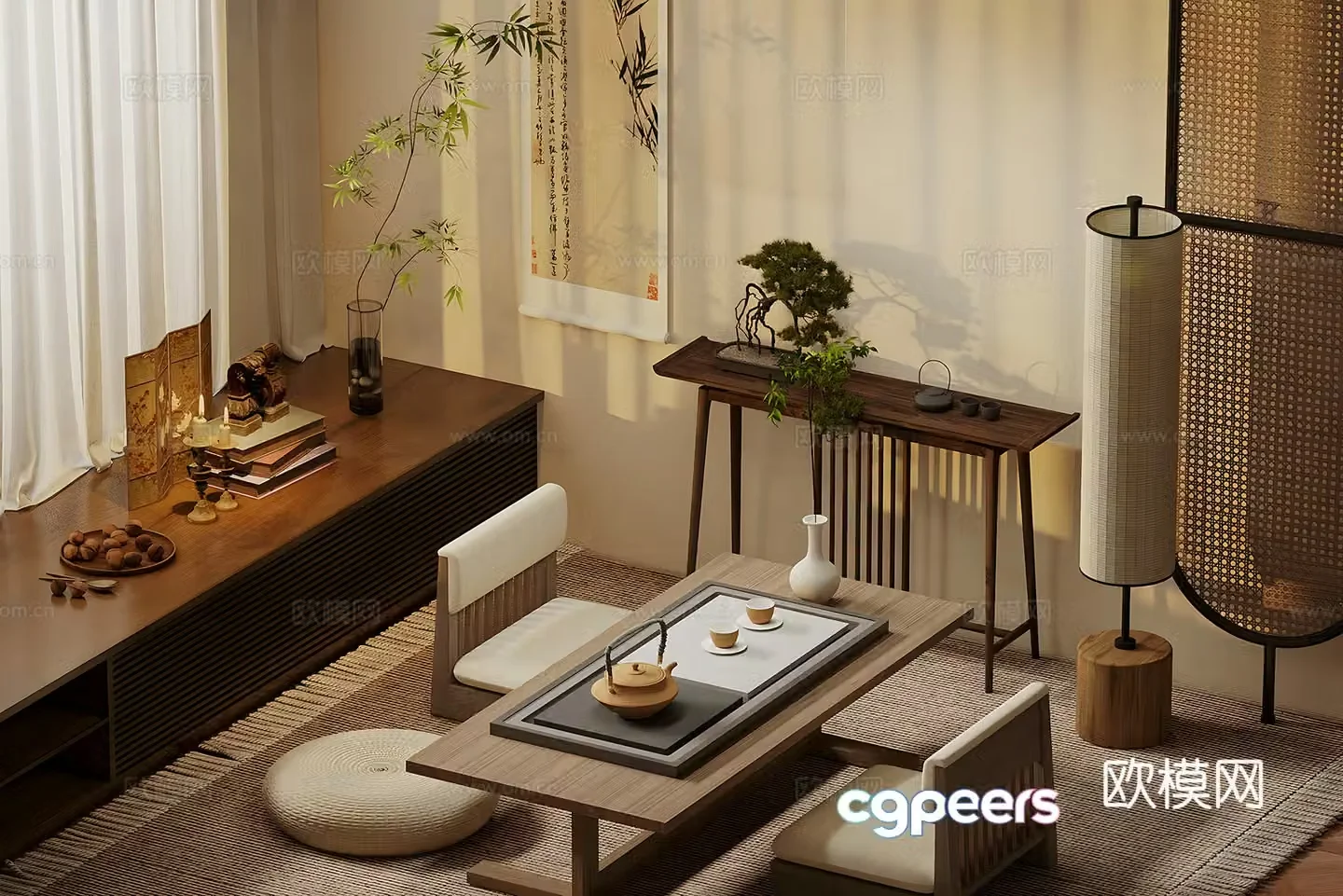 New Chinese-style tea room Tatami tea room New Chinese-style table floor lamp Tea set Ornament combination 3D model
