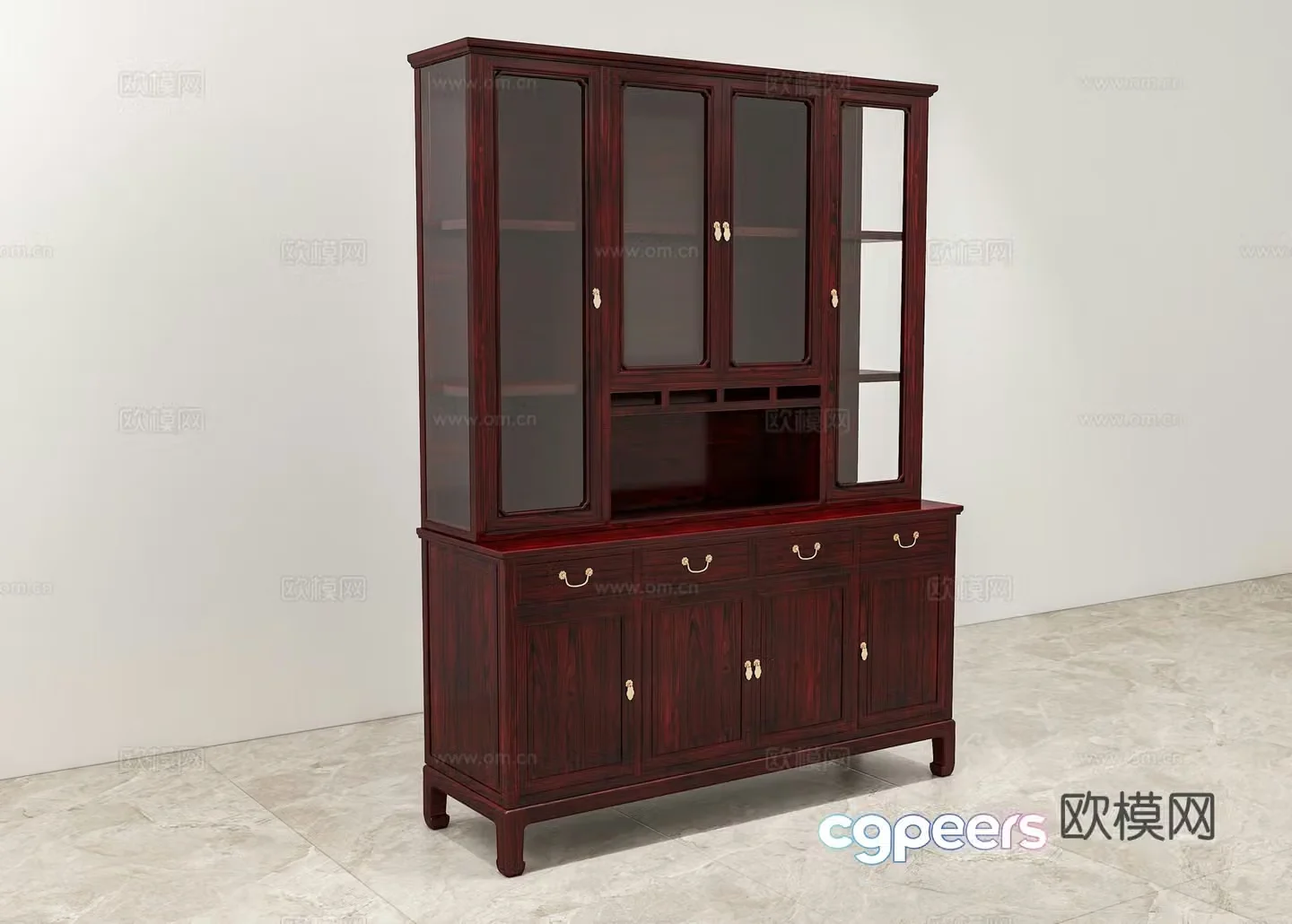 Chinese bookcase glass cabinet door solid wood mahogany 3D model