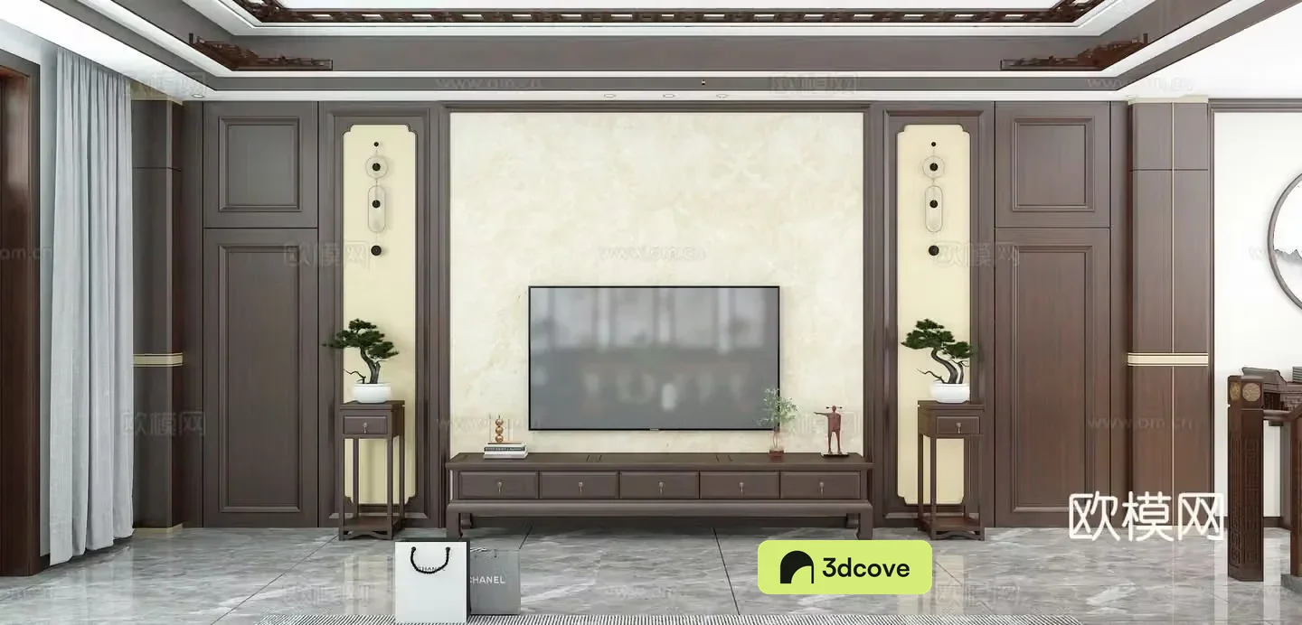 New Chinese TV background wall TV cabinet flower stand invisible door