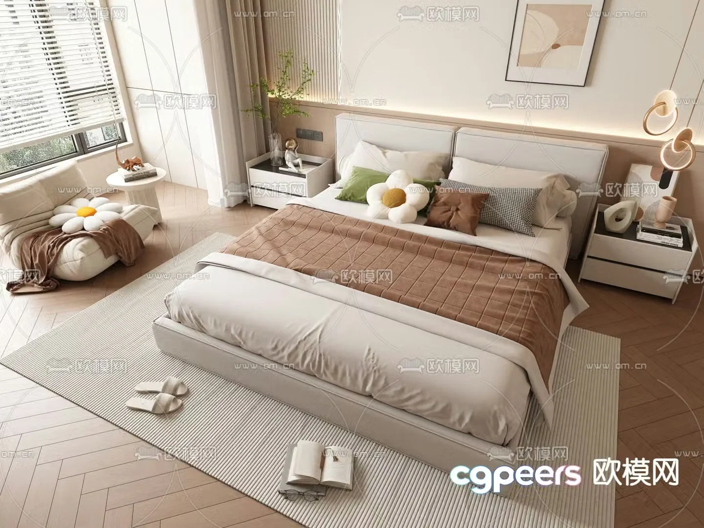 Cream style double bed 3d model