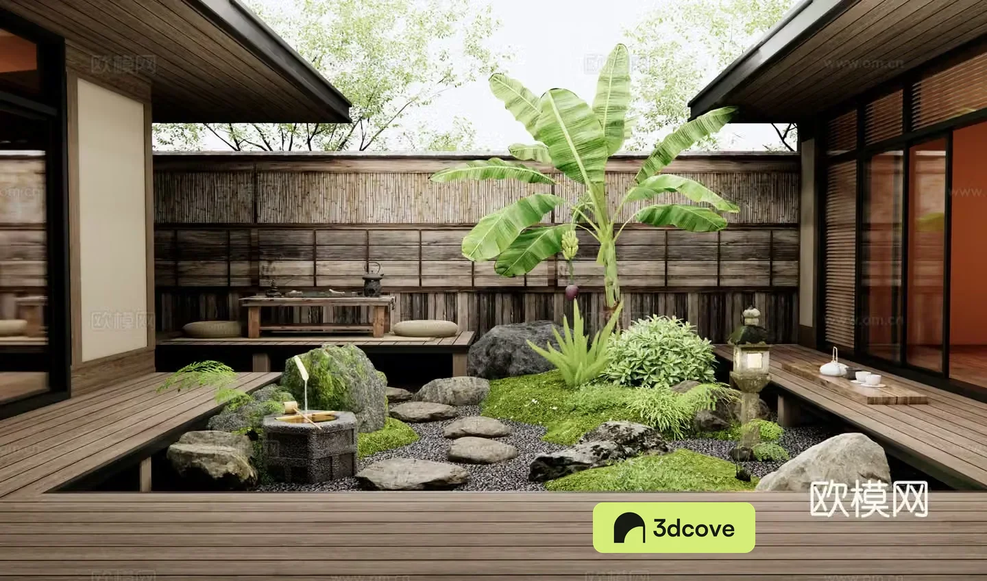 Japanese style dry landscape garden landscape stones tingstep micro-terrain water bowl plant pile