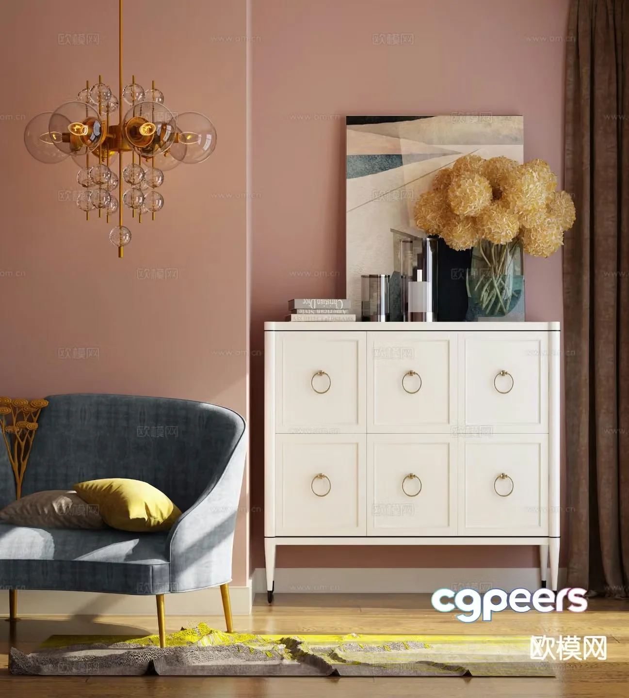 Cream style chest of drawers side cabinet 3d model