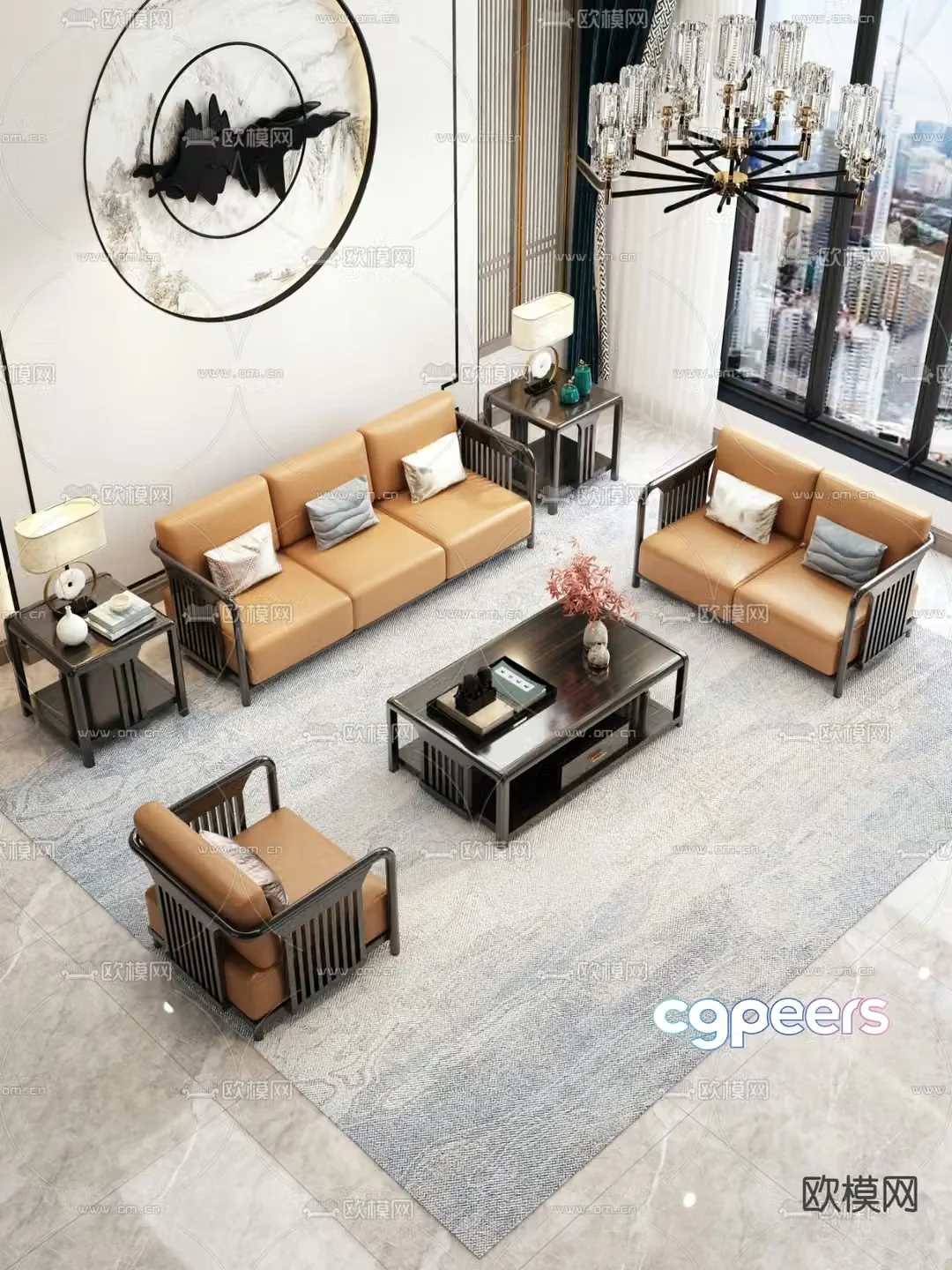 Chinese style modular sofa living room 3d model