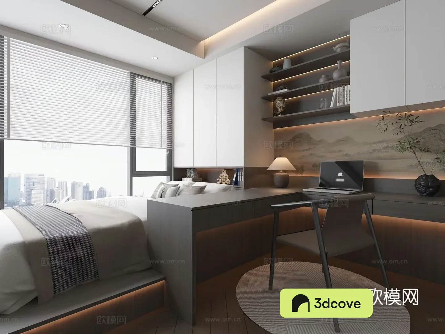 Modern style high-end gray tatami bedroom study table and chair computer green plants hanging painting ornaments