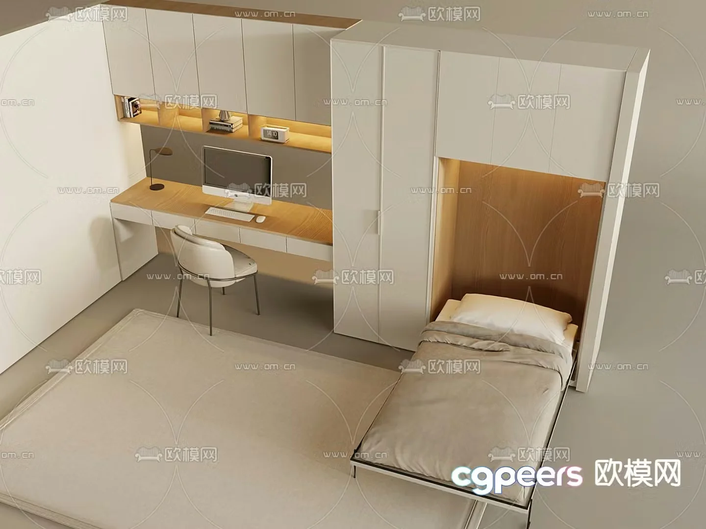 Cream invisible bed Wardrobe integrated bed Folding bed 3D model
