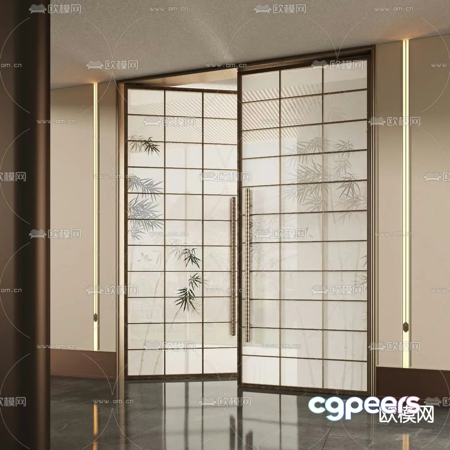New Chinese style entrance door double-open door glass door 3D model