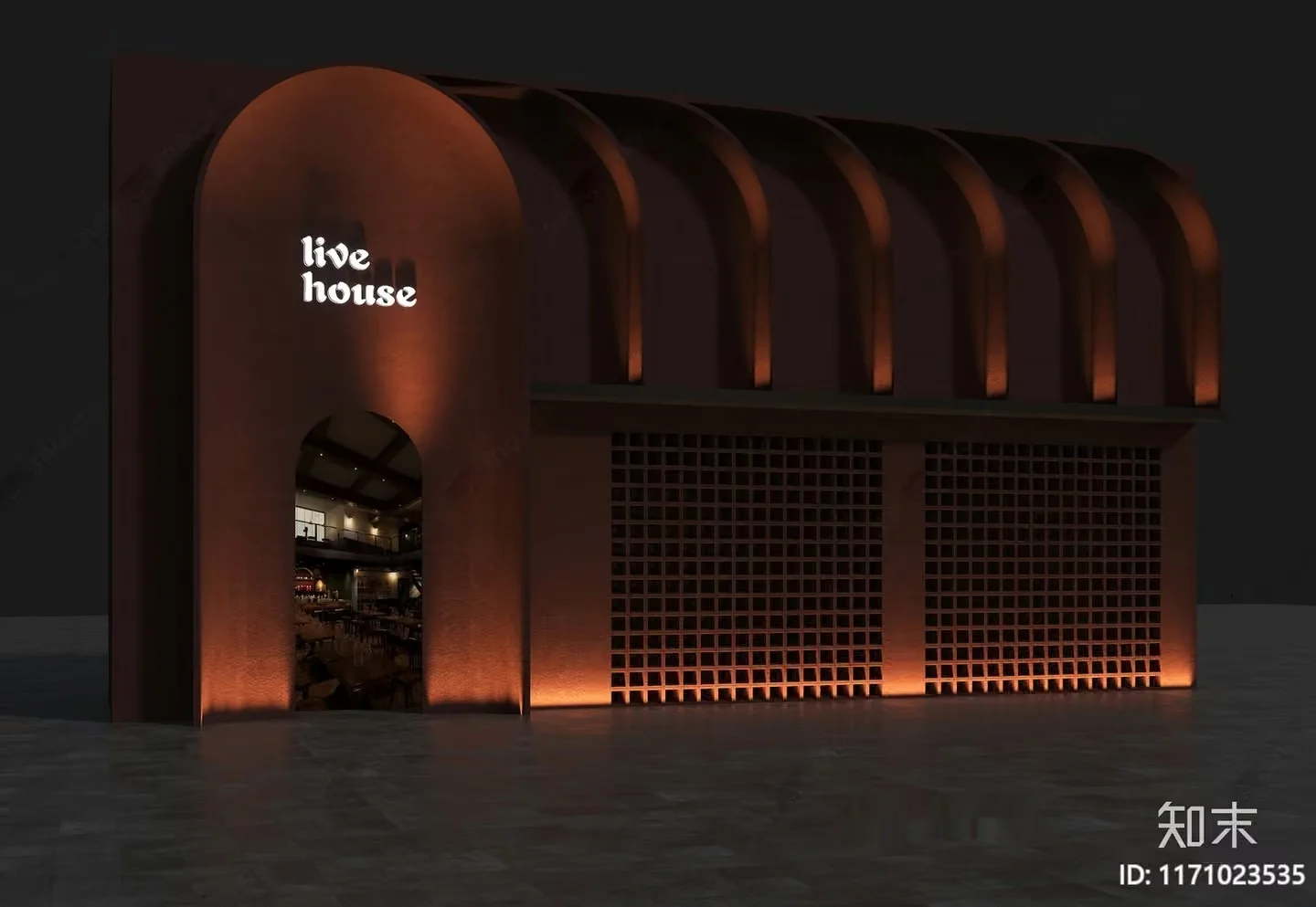 A Building With A Distinctive Arched Entrance Featuring The Words 3D Model – 1949 – VRAY Render