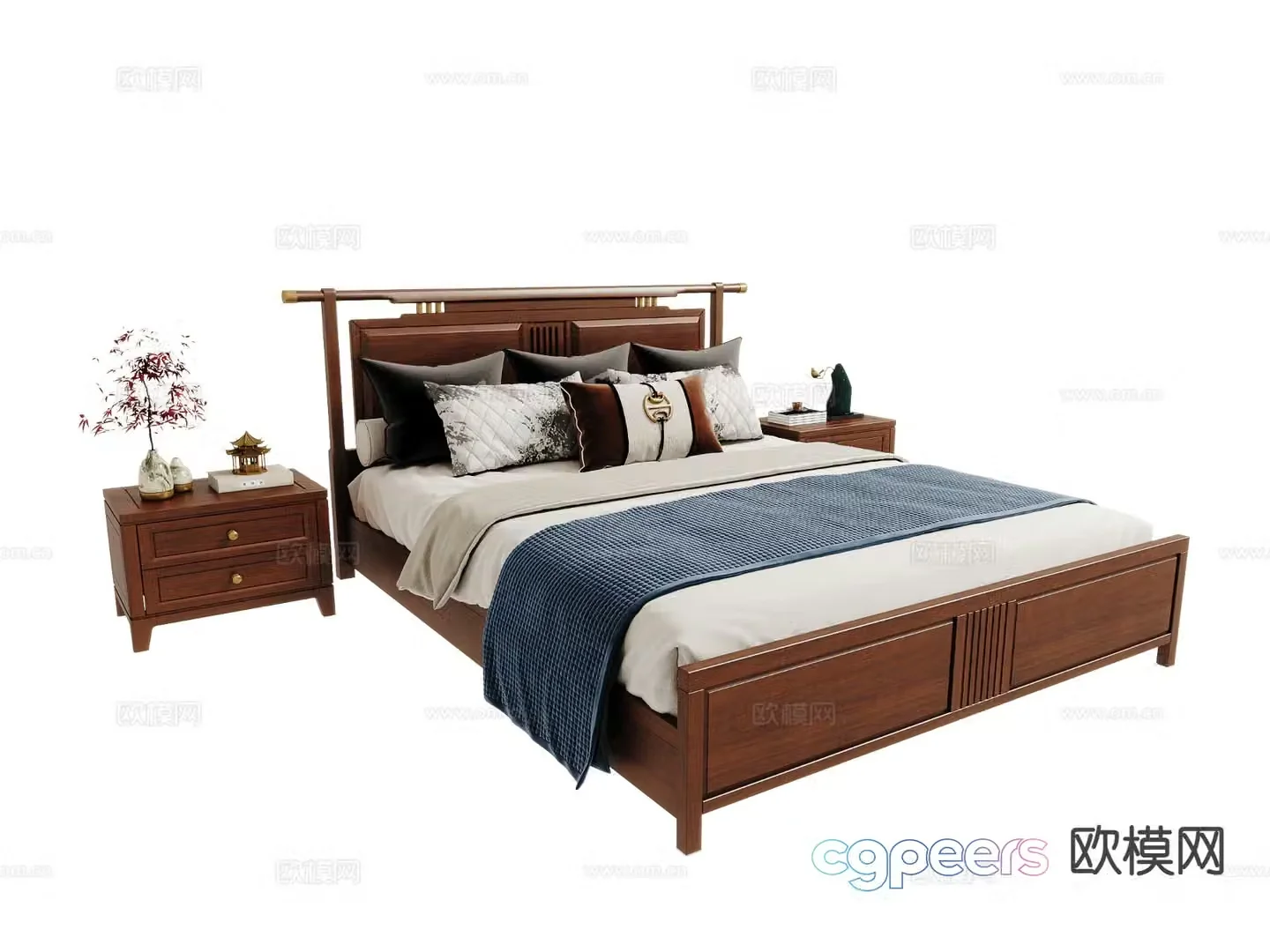 New Chinese style double bed 3d model