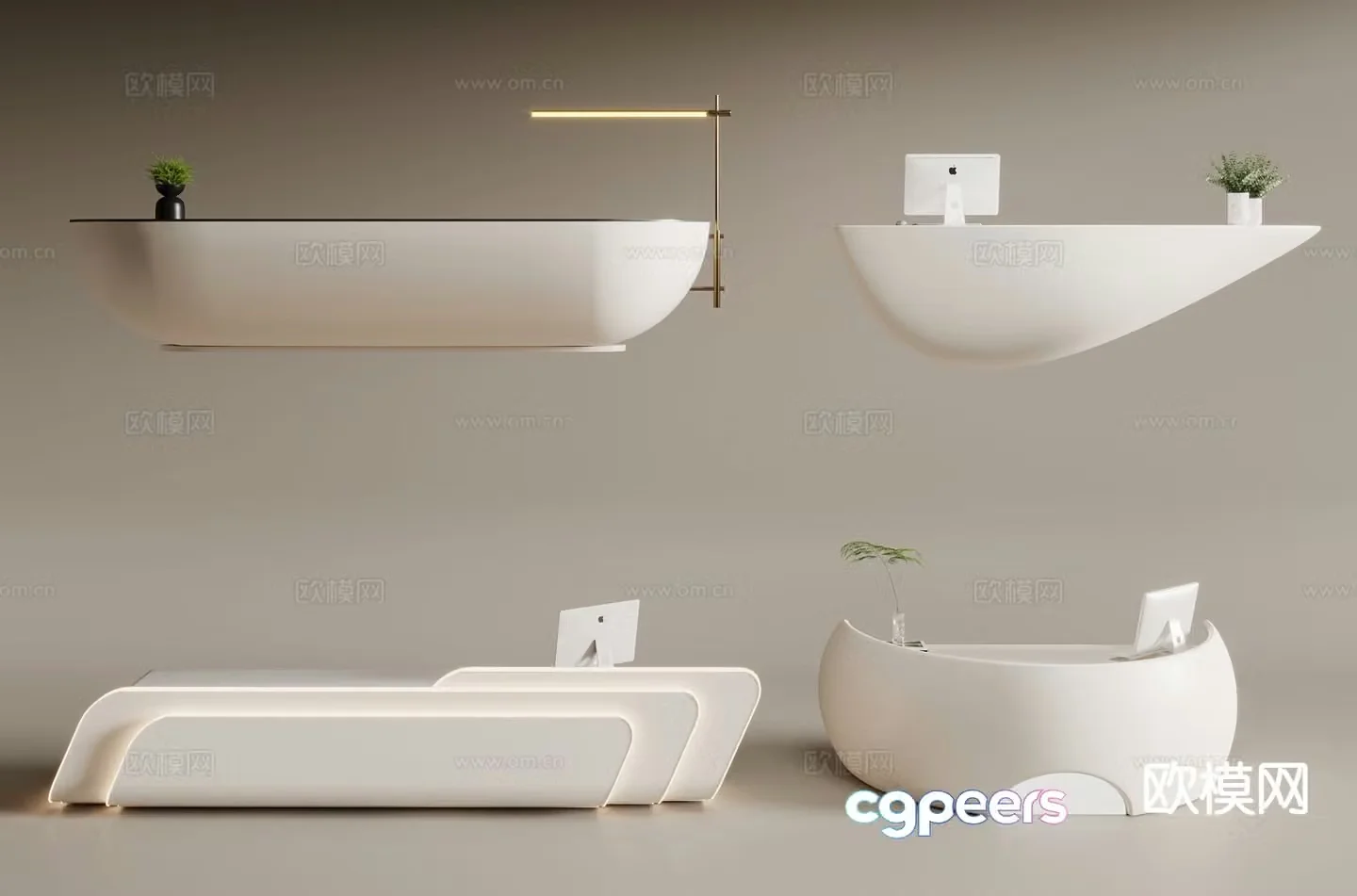 Cream style information desk curved front desk reception desk 3d model