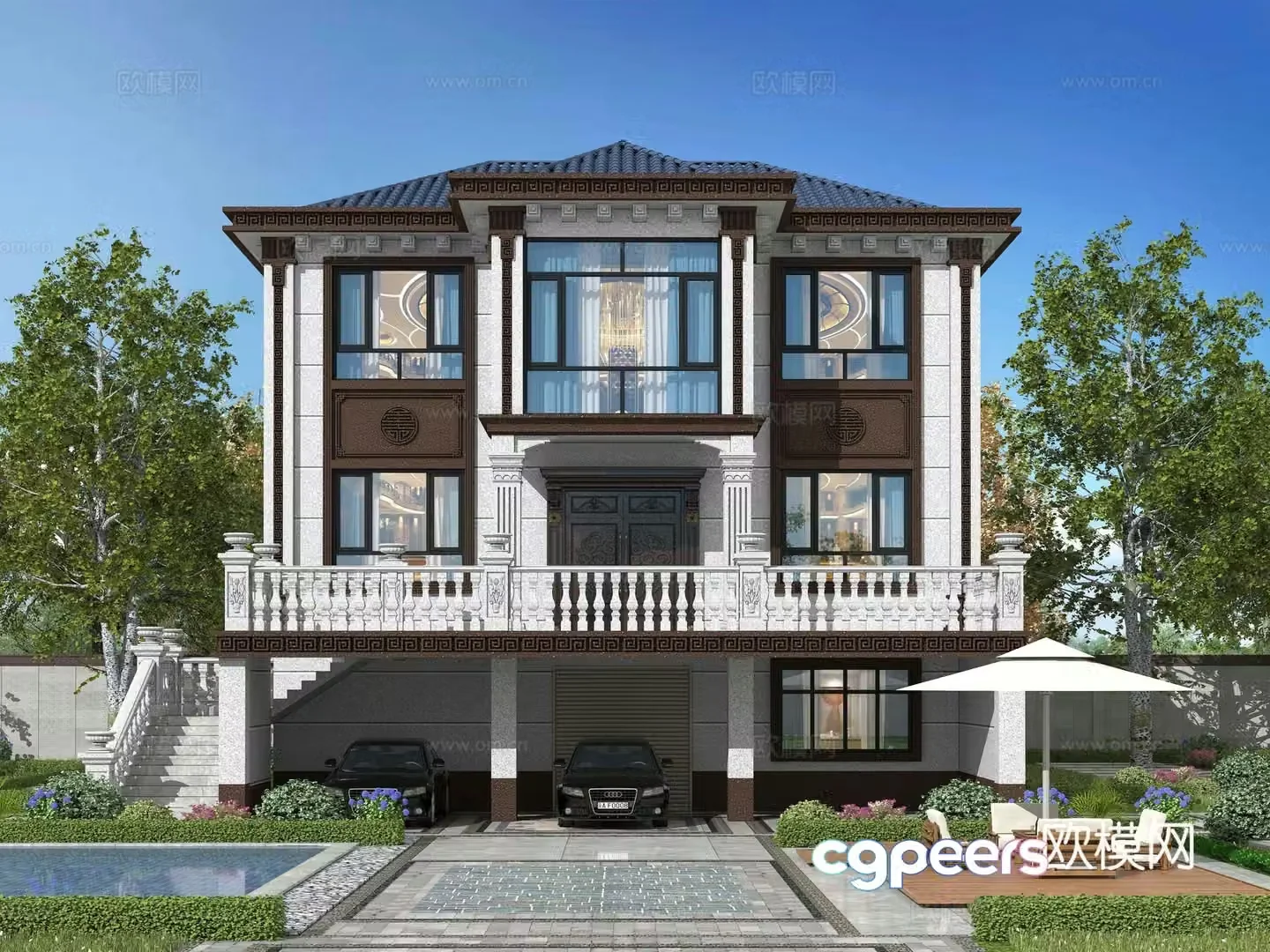 New Chinese style single-family villa appearance 3D model
