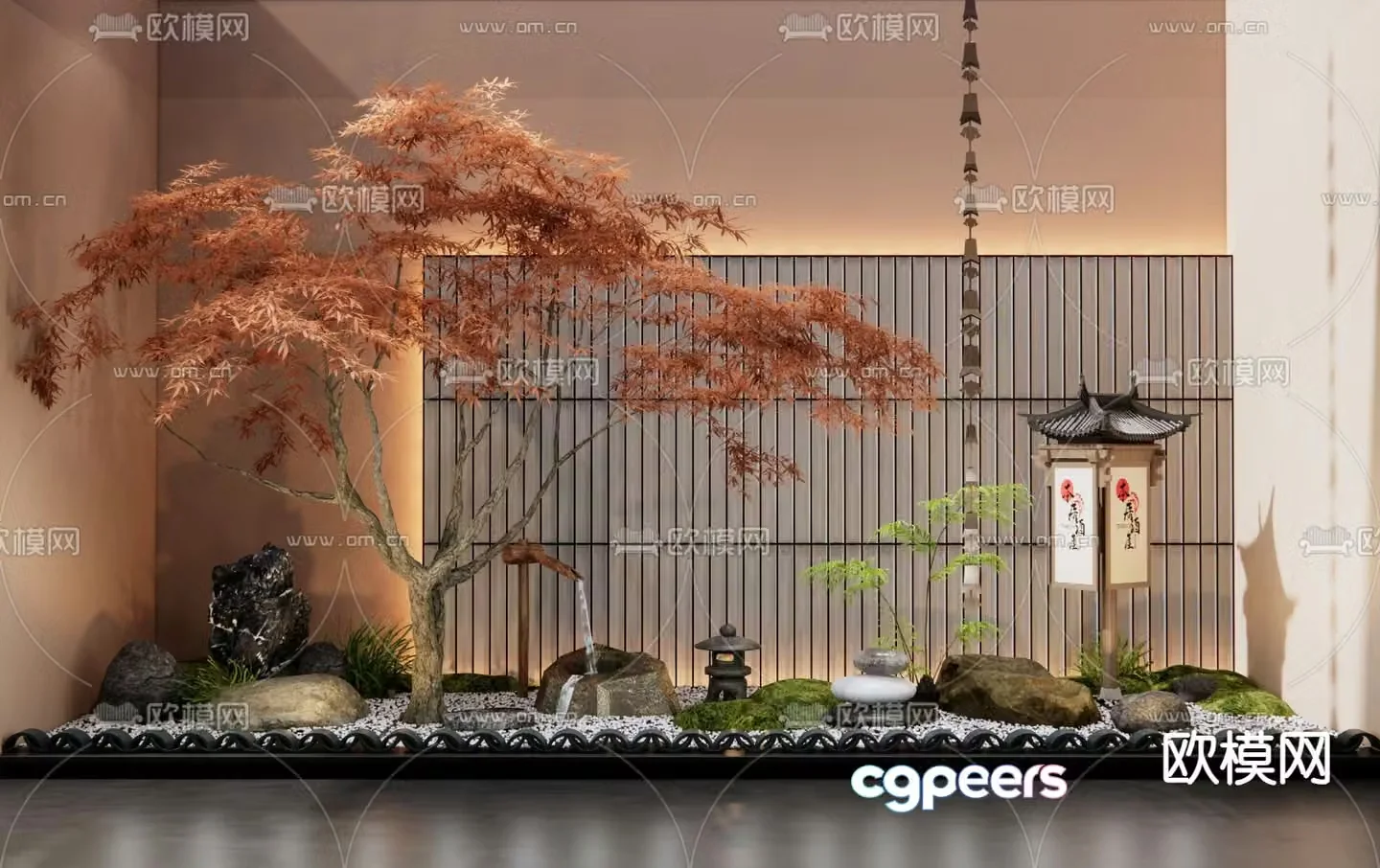 Flowing Water Bowl Landscape Indoor Landscaping Red Maple Rockery 3D Model