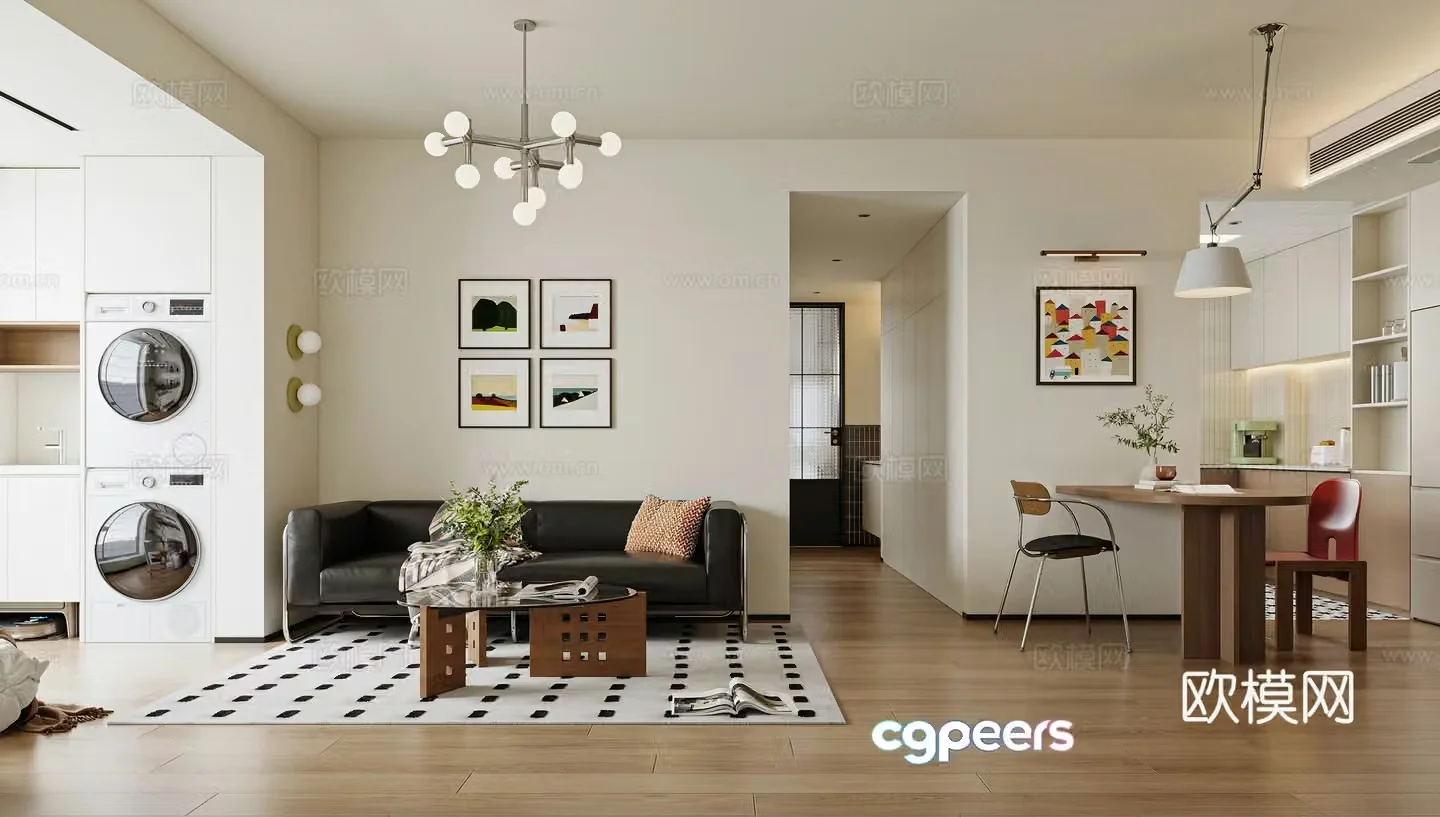 Modern medieval living room Bauhaus living room Medium medieval dining table and chairs Shift chandelier Wash and drying set 3D model