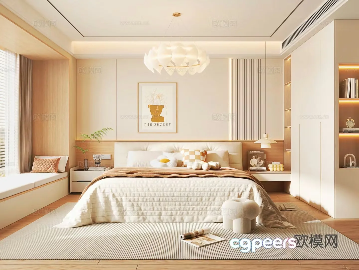 Creamy style bedroom Creamy style fabric double bed bed nightstand modern wardrobe Creamy style bedroom 3d model