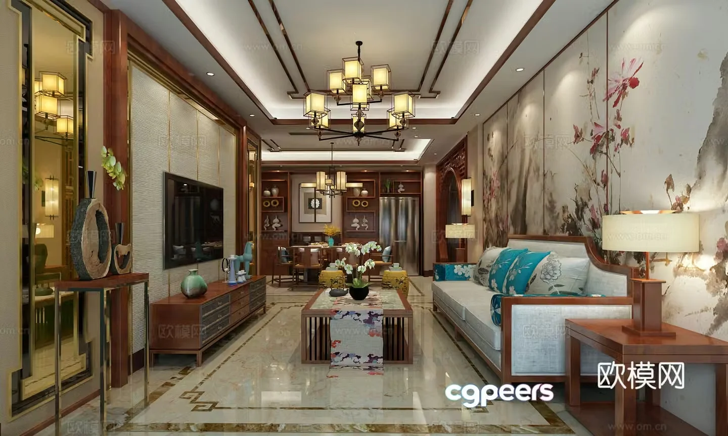 New Chinese style Chinese villa New Chinese style villa Chinese sofa Chinese style dining table Chinese chandeliers 3D model
