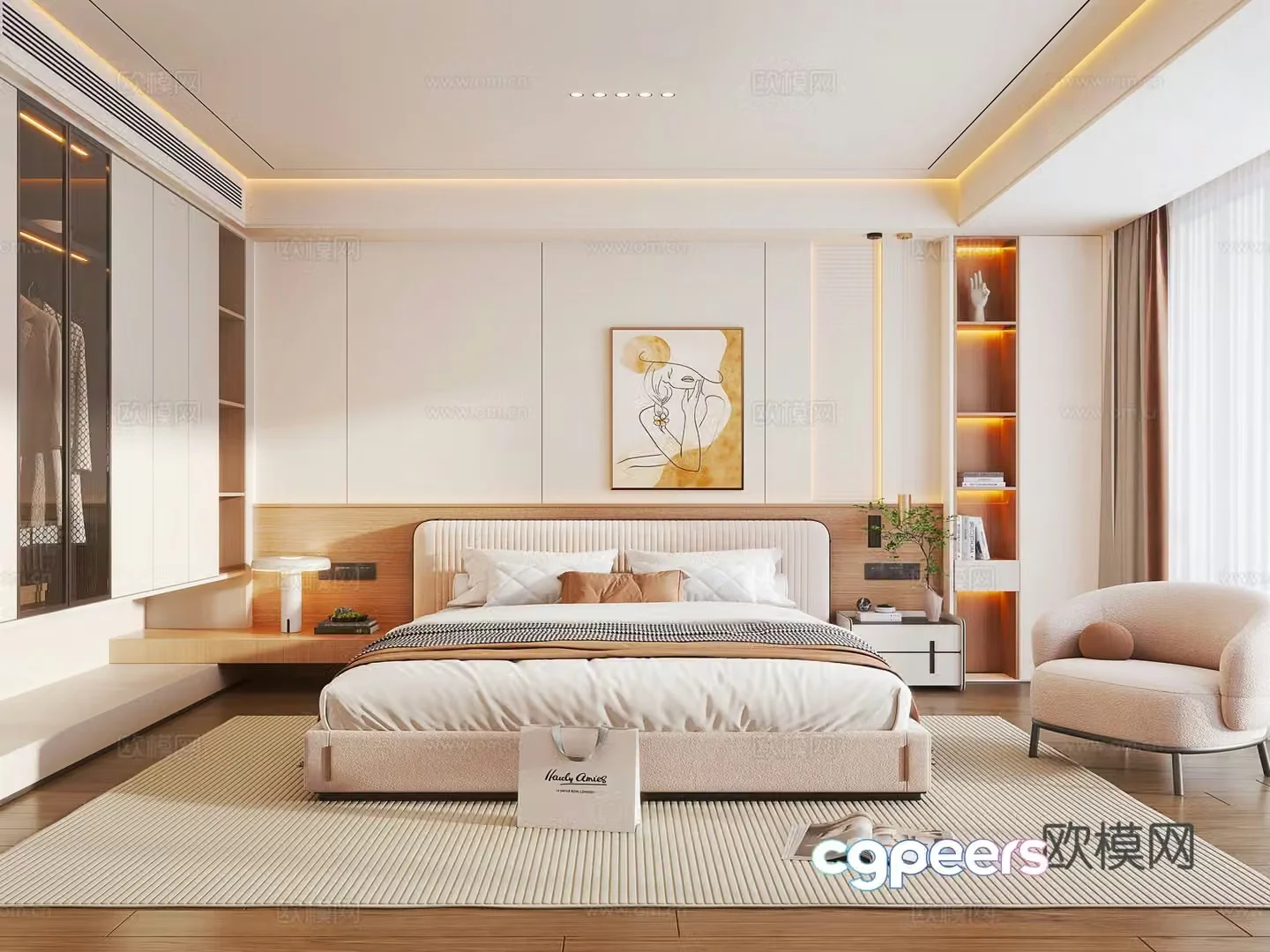 Modern cream home bedroom Cream style fabric double bed bed nightstand modern wardrobe chandelier 3d model