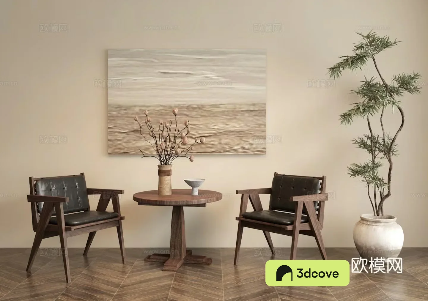 ancient leisure chair coffee table green plant potted paintings