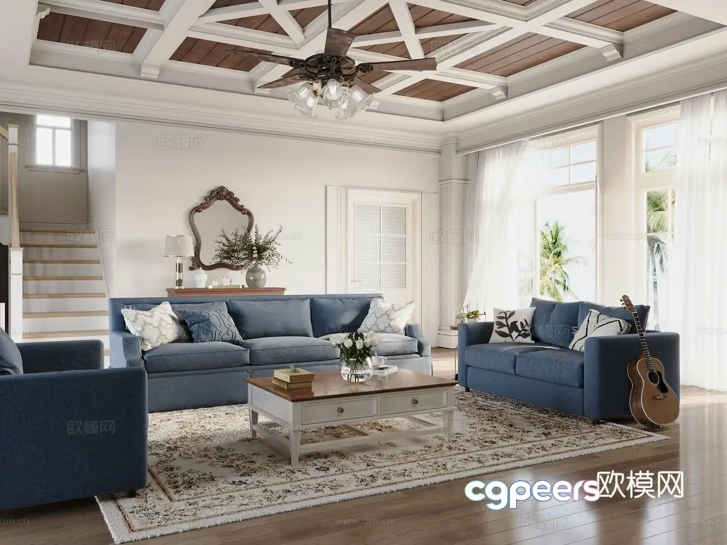 American beach villa living room 3d model