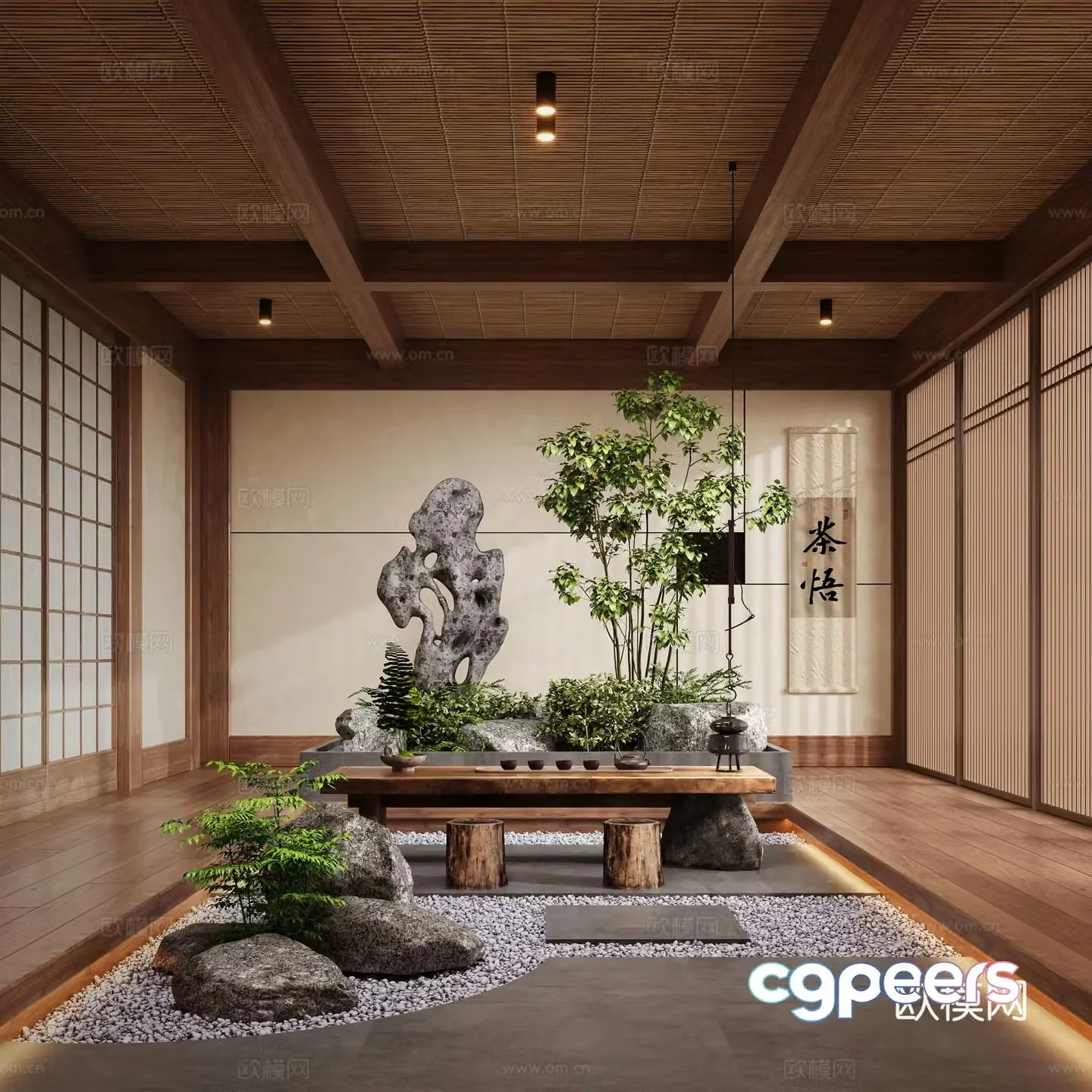 New Chinese style Zen tea room indoor landscaping landscape plants tea table 3D model