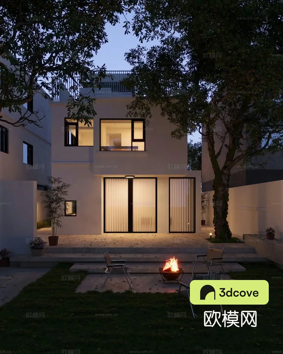 Modern courtyard landscape villa backyard night view
