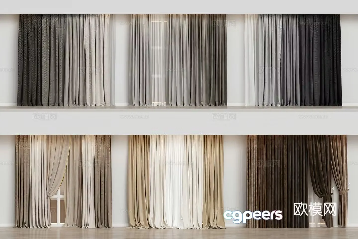 Modern simple curtains fabric curtains milk tea curtains gray curtains solid color curtains 3D model
