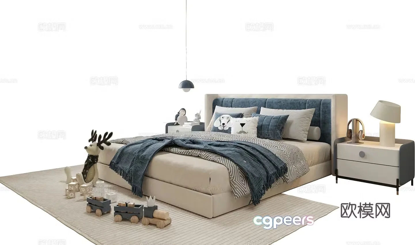 Modern children’s bed children’s bedside table bedside chandelier 3d model