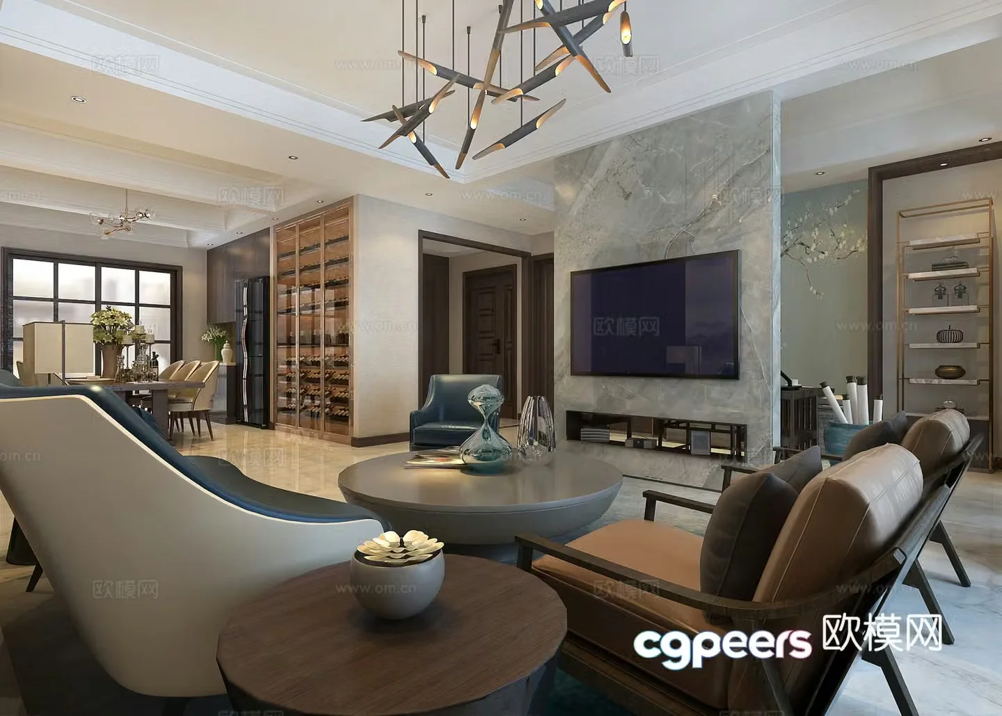 Modern living and dining room sofa chair wine cabinet Samsung refrigerator 3d model 3d model