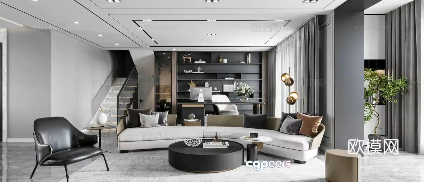 Italian living room modern living room study desk office combination sofa leisure chair current 3D model