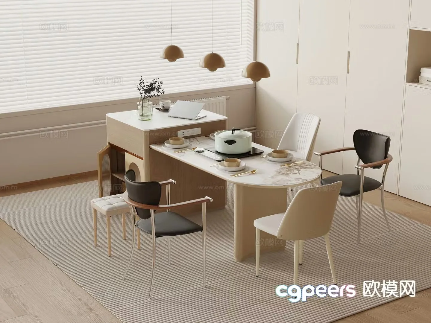 Creamy dining table and chairs Island dining table 3D model