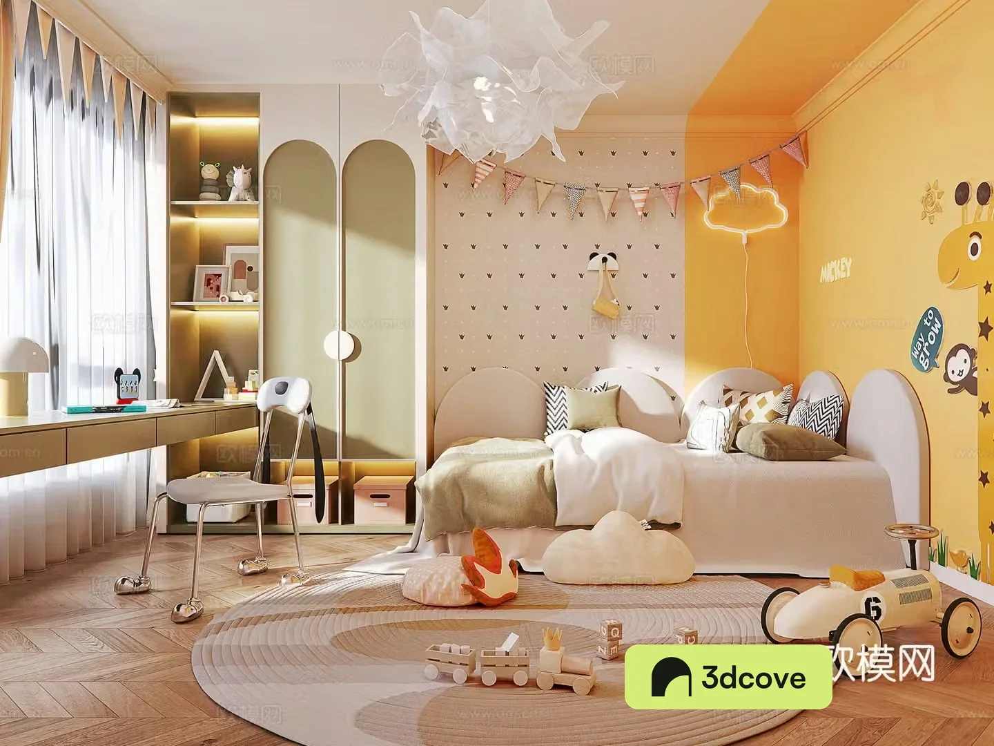 Modern style children’s room desk and chair combination children’s bed children’s wardrobe toys and ornaments round