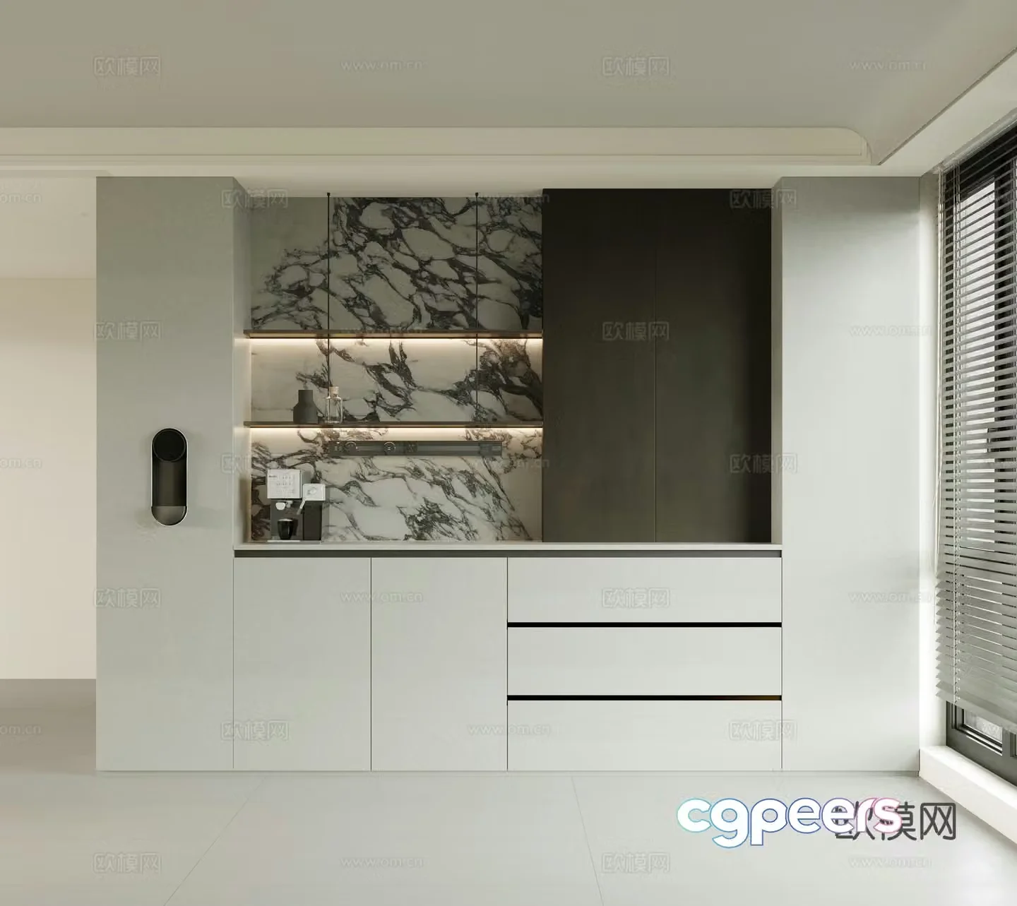 Cream minimalist sideboard coffee machine water dispenser track socket broken bridge aluminum window direct drinker 3D model