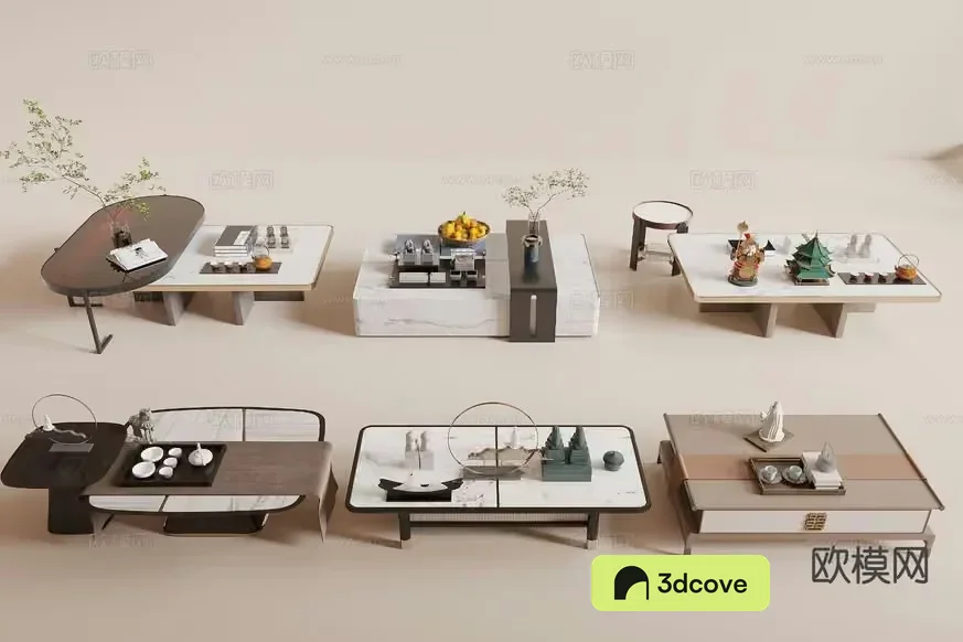 A Collection Of Tables With Various Decorative Items