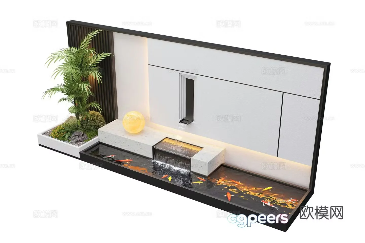 Modern courtyard waterscape waterscape wall stacked water landscape plants fish pond 3d model