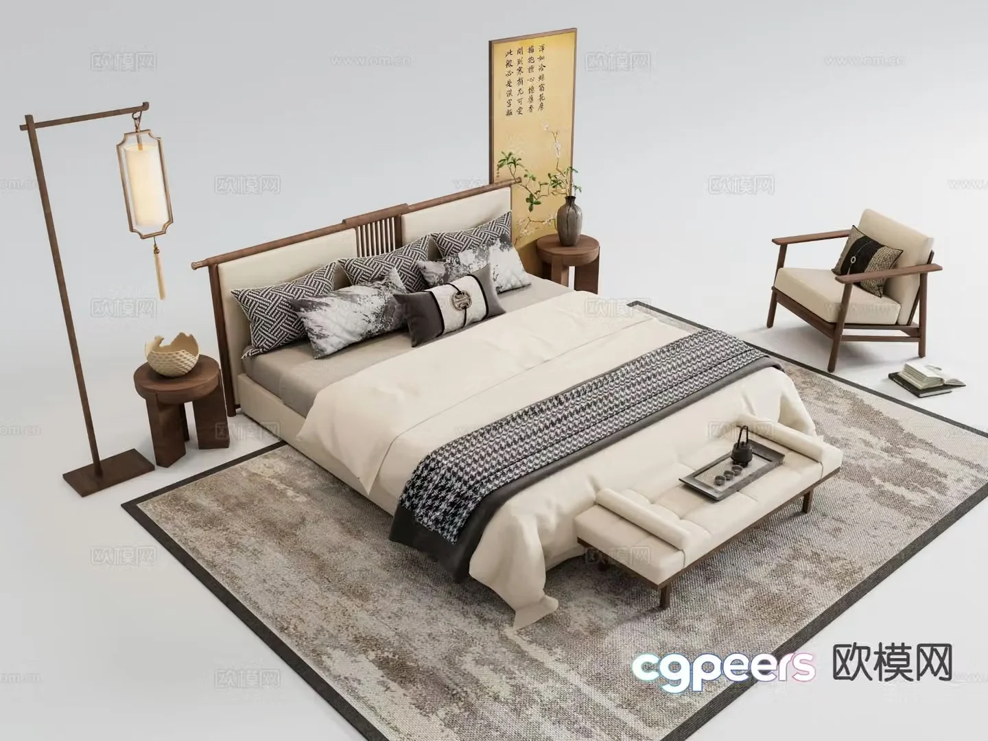 New Chinese style double bed 3d model